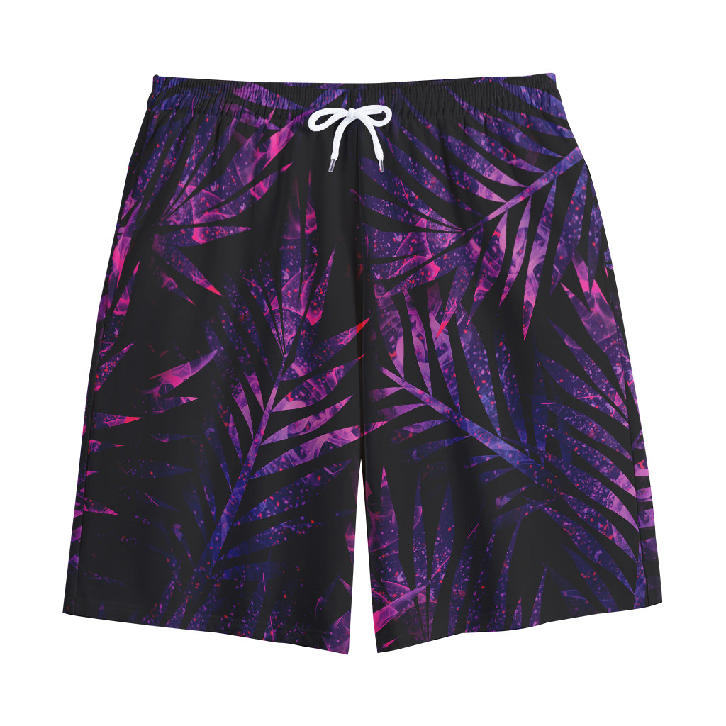 Purple Tropical Leaves Print Cotton Shorts