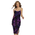Purple Tropical Leaves Print Cross Back Cami Dress