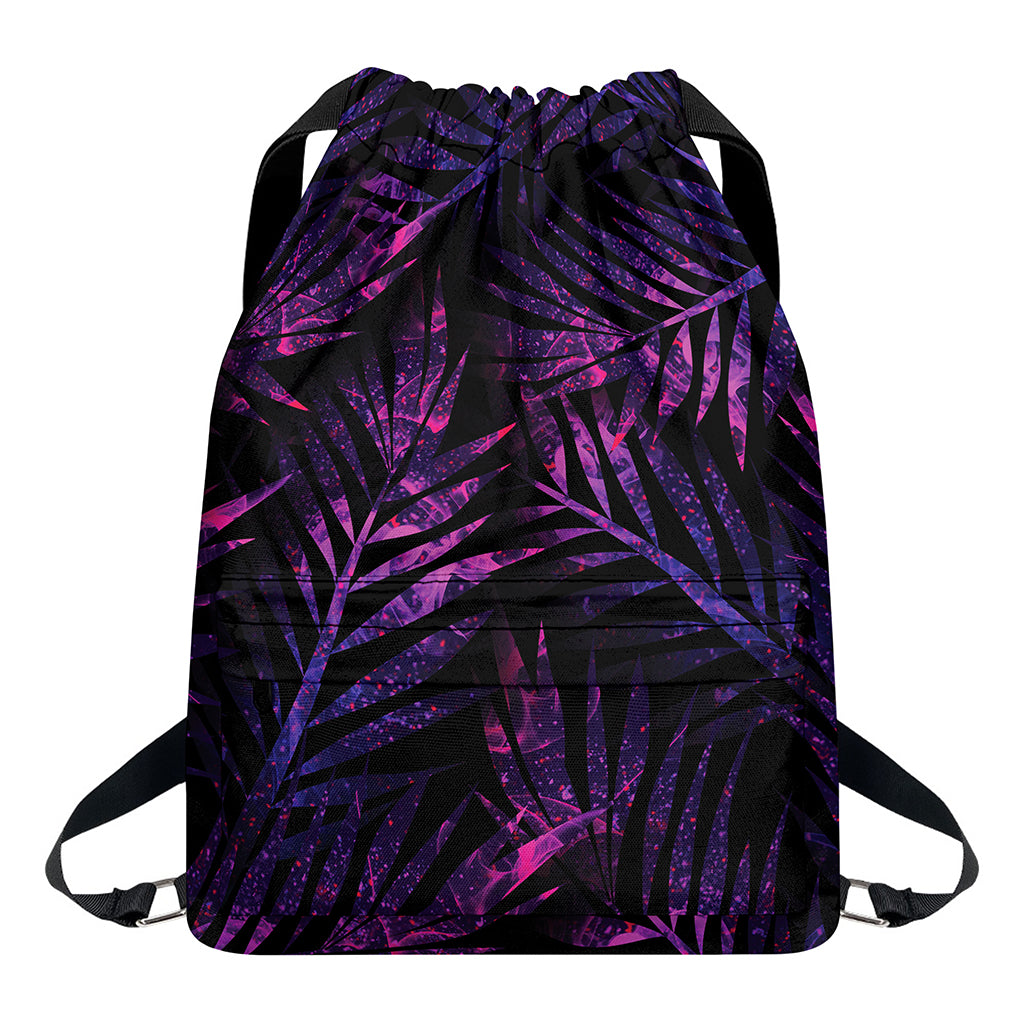 Purple Tropical Leaves Print Drawstring Backpack