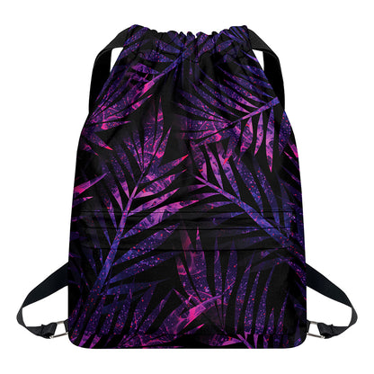 Purple Tropical Leaves Print Drawstring Backpack