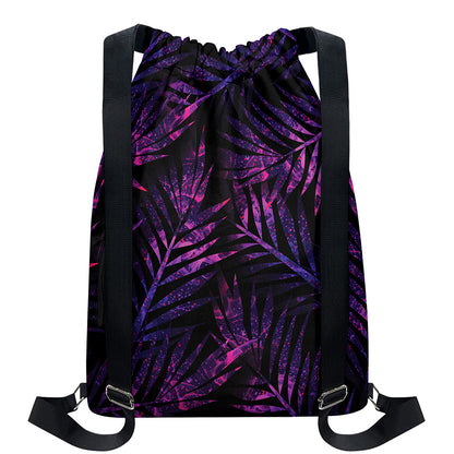 Purple Tropical Leaves Print Drawstring Backpack