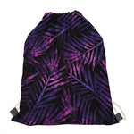 Purple Tropical Leaves Print Drawstring Bag