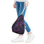Purple Tropical Leaves Print Drawstring Bag