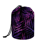 Purple Tropical Leaves Print Drawstring Makeup Bag