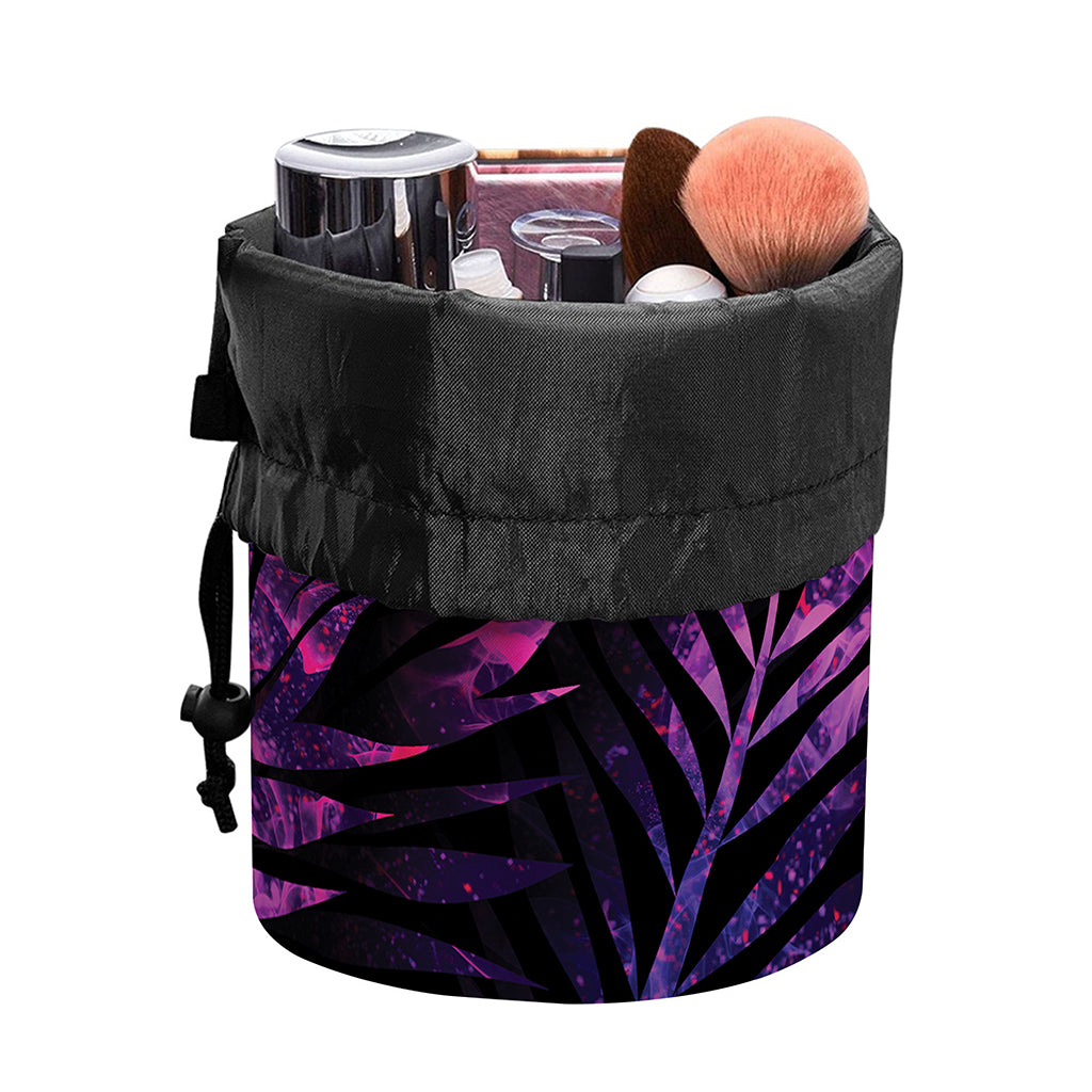 Purple Tropical Leaves Print Drawstring Makeup Bag