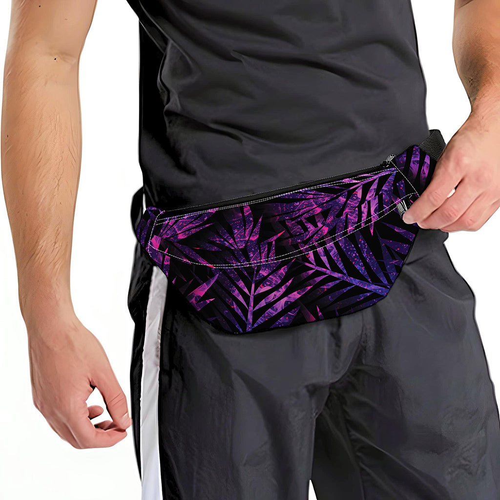 Purple Tropical Leaves Print Fanny Pack