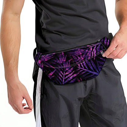 Purple Tropical Leaves Print Fanny Pack