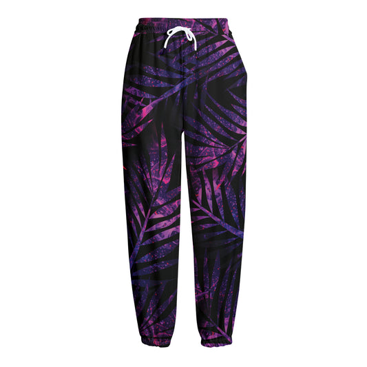 Purple Tropical Leaves Print Fleece Lined Knit Pants