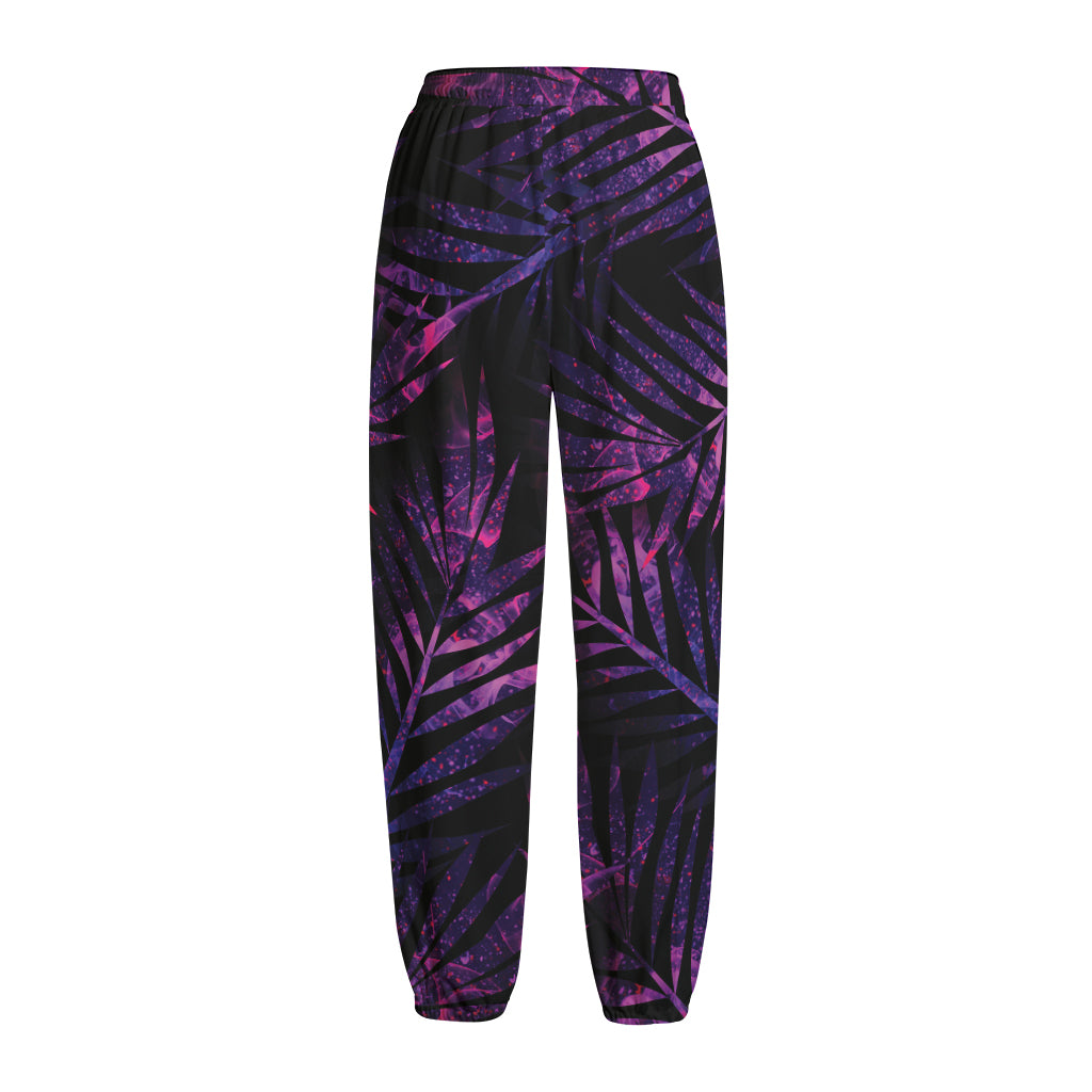 Purple Tropical Leaves Print Fleece Lined Knit Pants