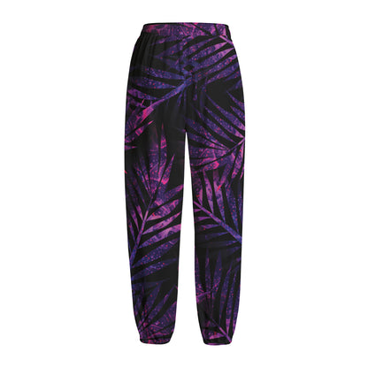 Purple Tropical Leaves Print Fleece Lined Knit Pants