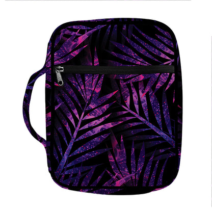 Purple Tropical Leaves Print Front Pocket Bible Bag