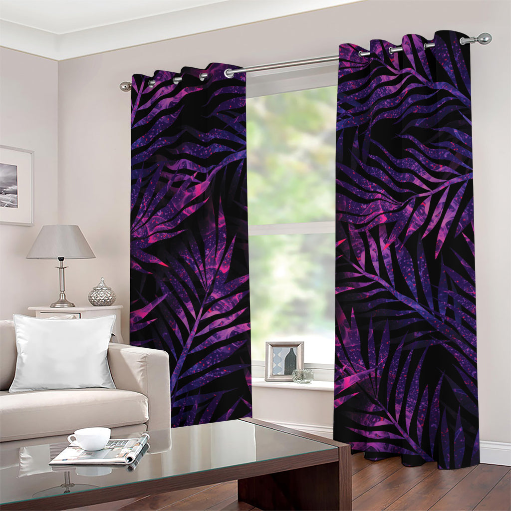 Purple Tropical Leaves Print Grommet Curtains