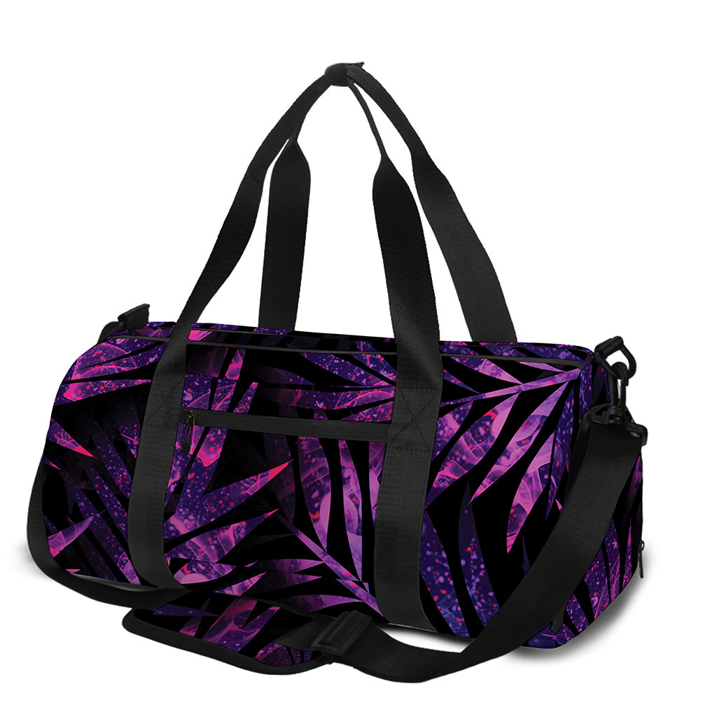 Purple Tropical Leaves Print Gym Bag