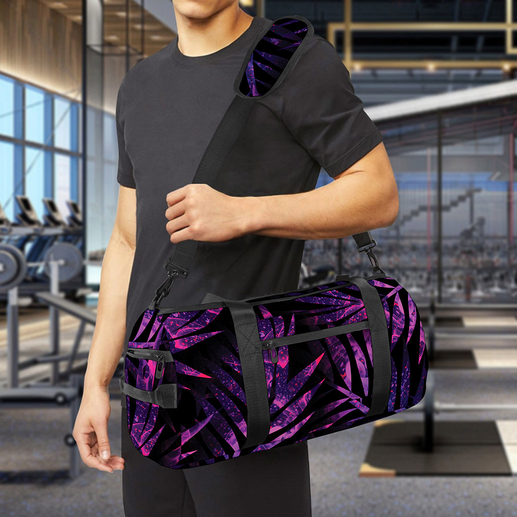 Purple Tropical Leaves Print Gym Bag