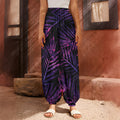 Purple Tropical Leaves Print Harem Pants