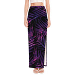 Purple Tropical Leaves Print High Slit Maxi Skirt