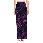 Purple Tropical Leaves Print High Slit Maxi Skirt