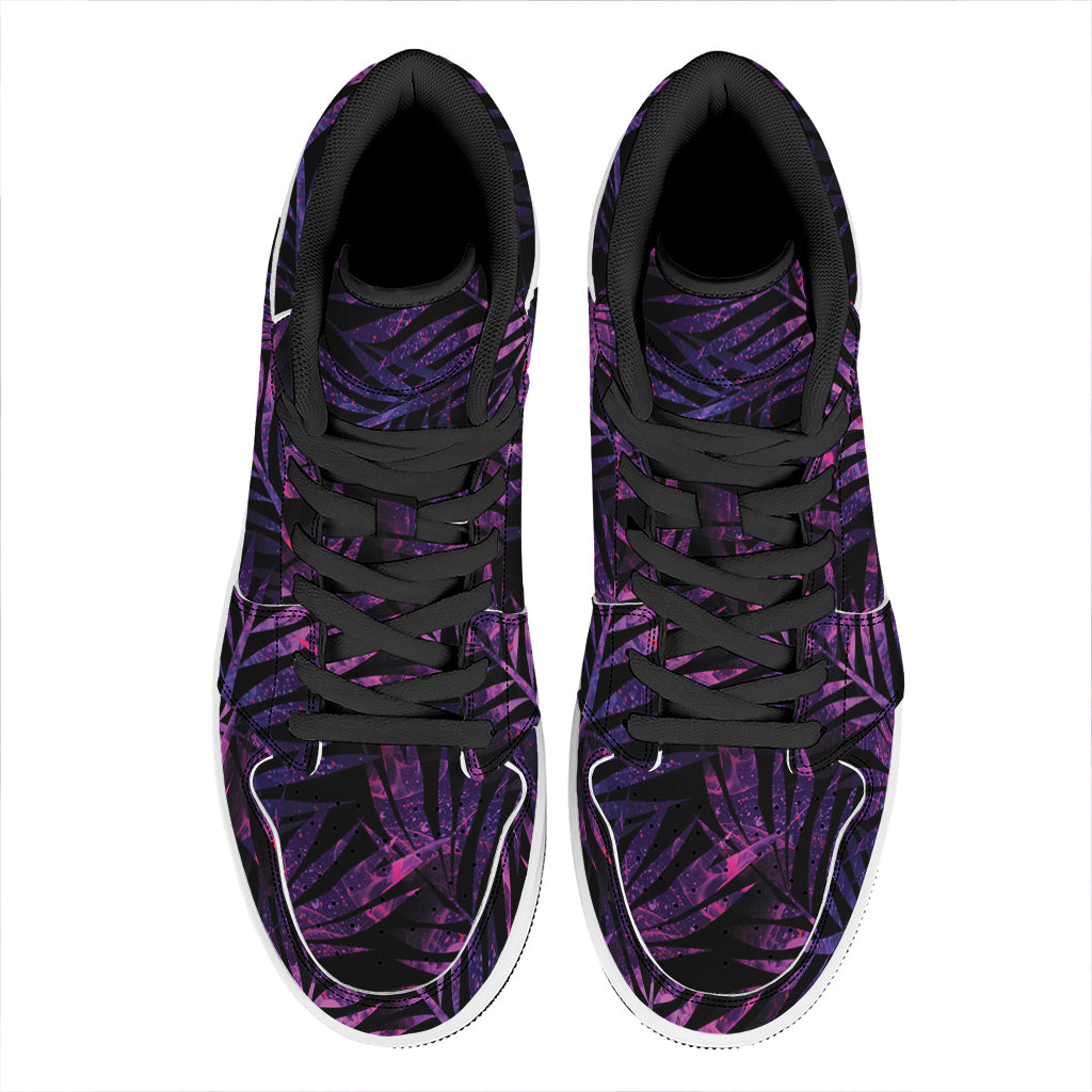 Purple Tropical Leaves Print High Top Leather Sneakers