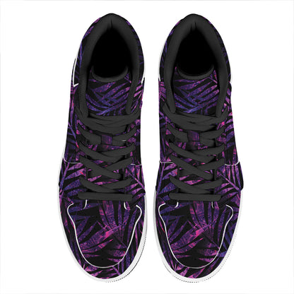 Purple Tropical Leaves Print High Top Leather Sneakers