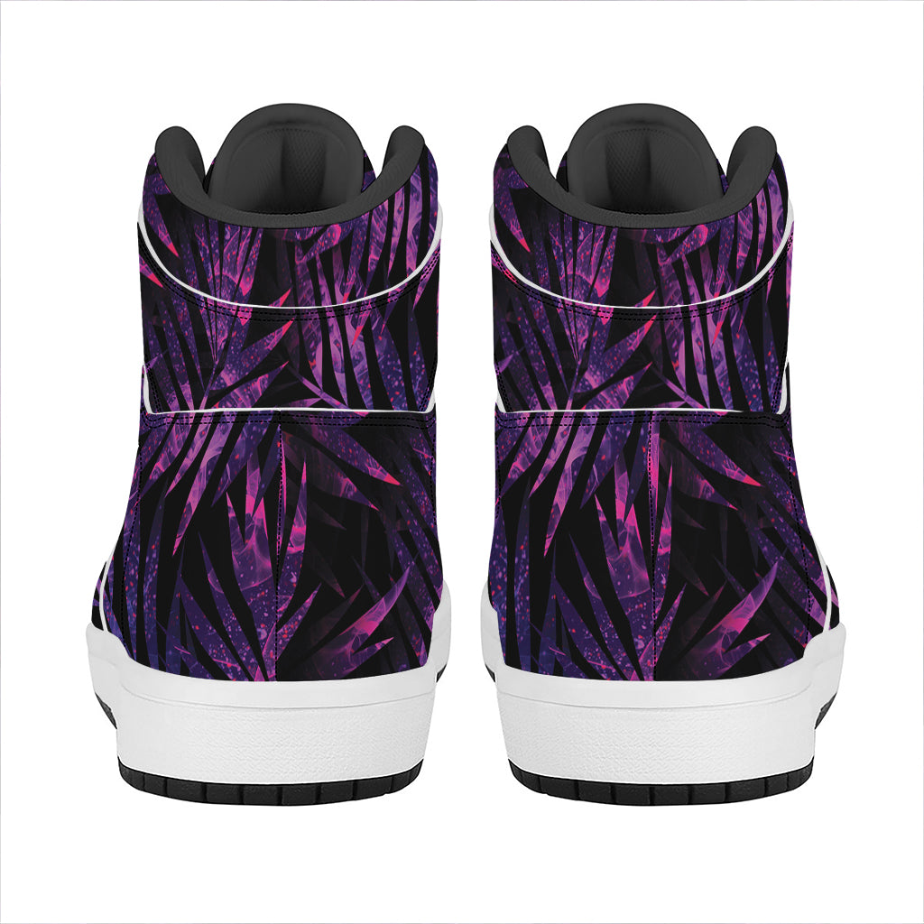 Purple Tropical Leaves Print High Top Leather Sneakers