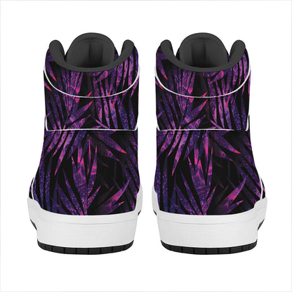Purple Tropical Leaves Print High Top Leather Sneakers