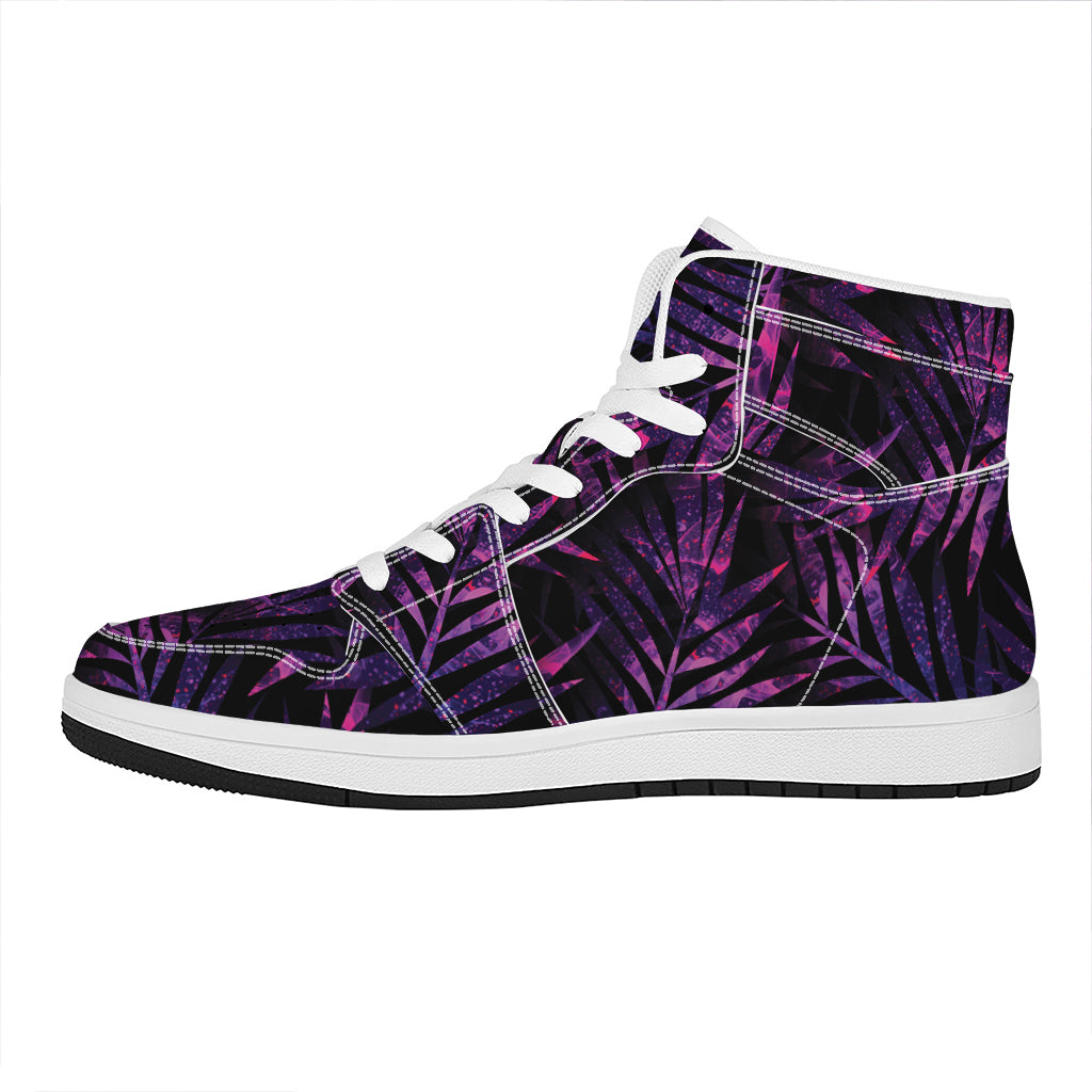 Purple Tropical Leaves Print High Top Leather Sneakers
