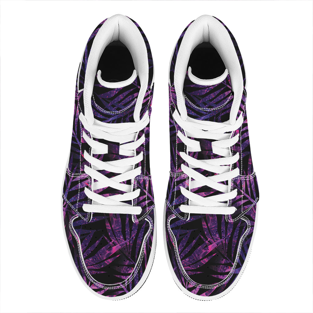 Purple Tropical Leaves Print High Top Leather Sneakers