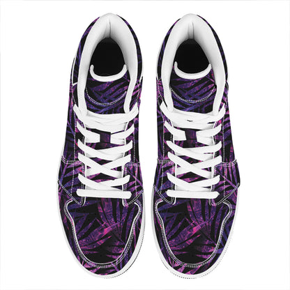 Purple Tropical Leaves Print High Top Leather Sneakers