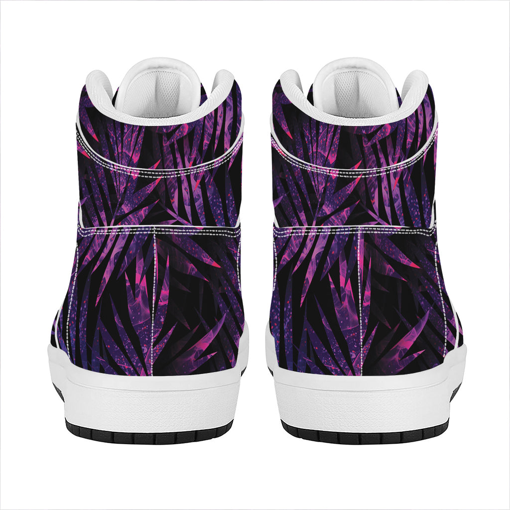 Purple Tropical Leaves Print High Top Leather Sneakers