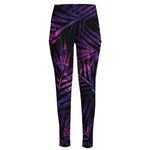Purple Tropical Leaves Print High-Waisted Pocket Leggings