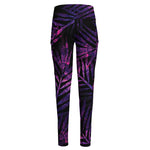 Purple Tropical Leaves Print High-Waisted Pocket Leggings
