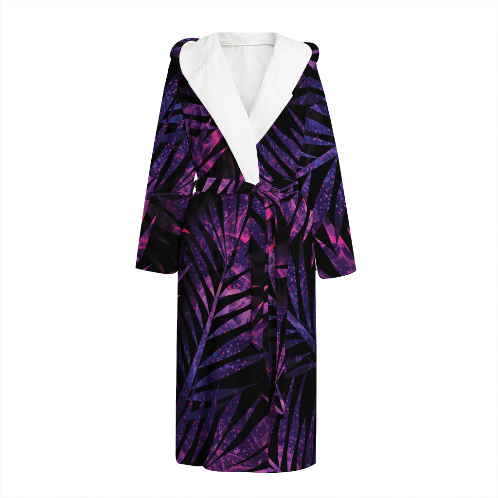 Purple Tropical Leaves Print Hooded Bathrobe