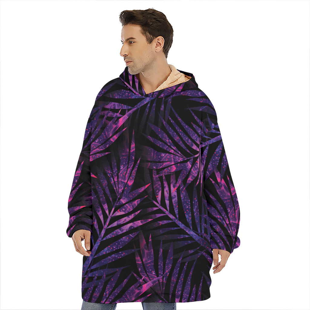 Purple Tropical Leaves Print Hoodie Blanket