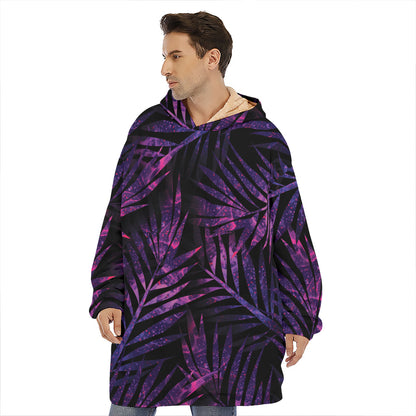 Purple Tropical Leaves Print Hoodie Blanket