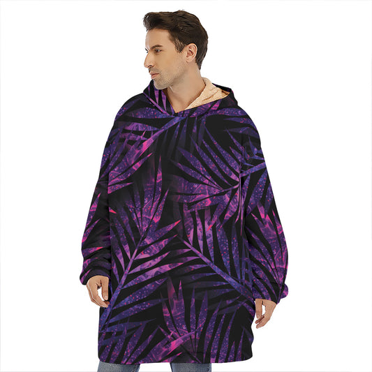 Purple Tropical Leaves Print Hoodie Blanket