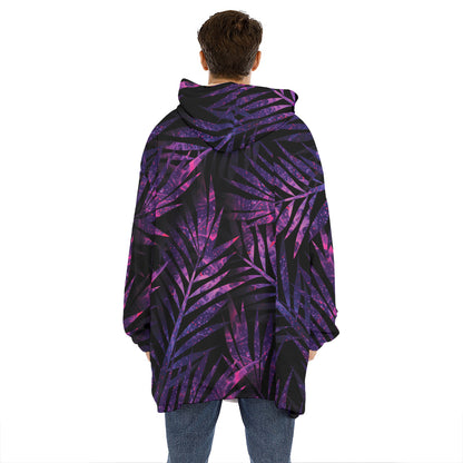 Purple Tropical Leaves Print Hoodie Blanket
