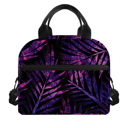 Purple Tropical Leaves Print Insulated Lunch Bag