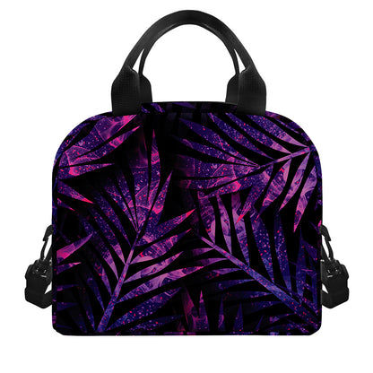 Purple Tropical Leaves Print Insulated Lunch Bag