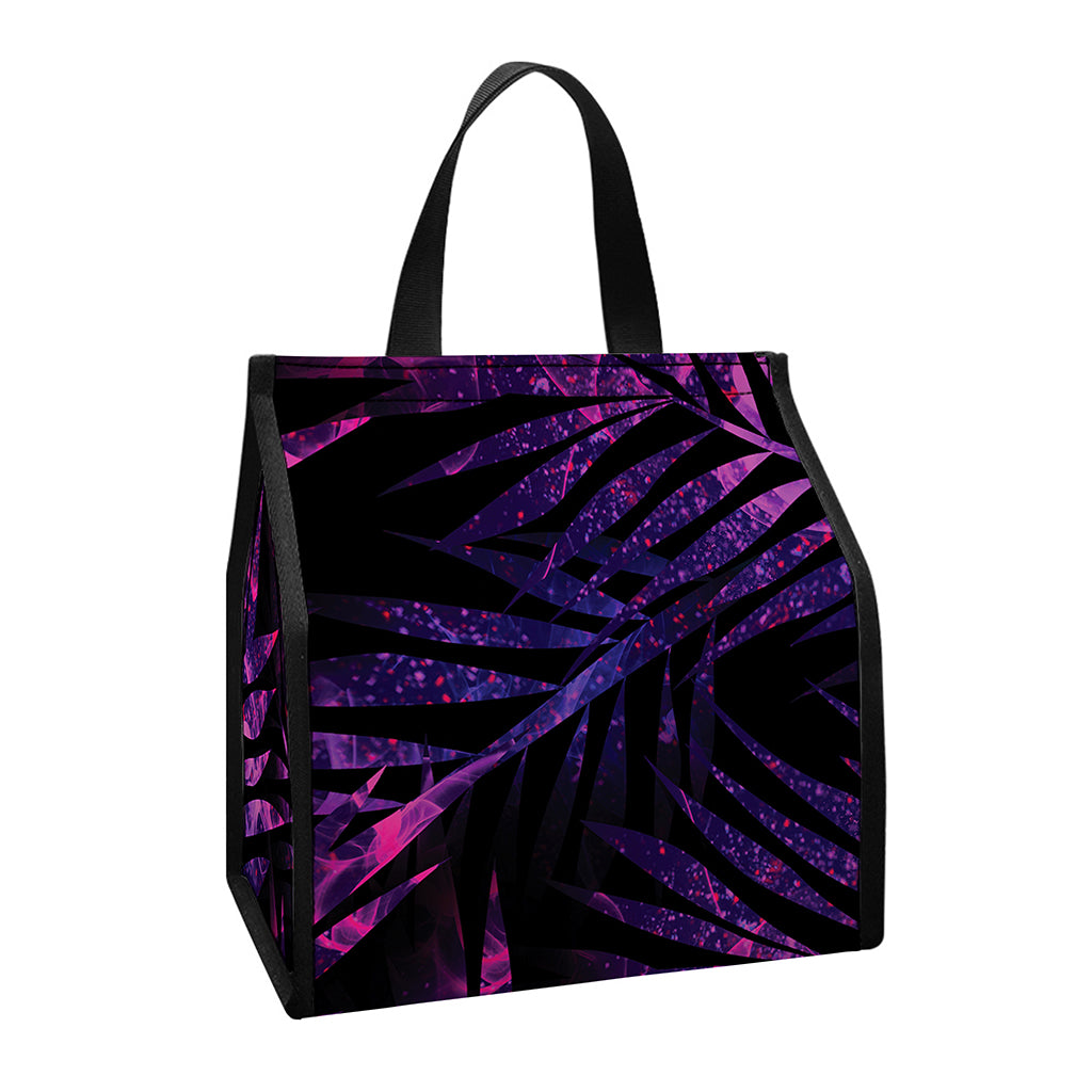 Purple Tropical Leaves Print Insulated Lunch Tote