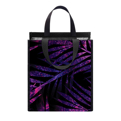 Purple Tropical Leaves Print Insulated Lunch Tote