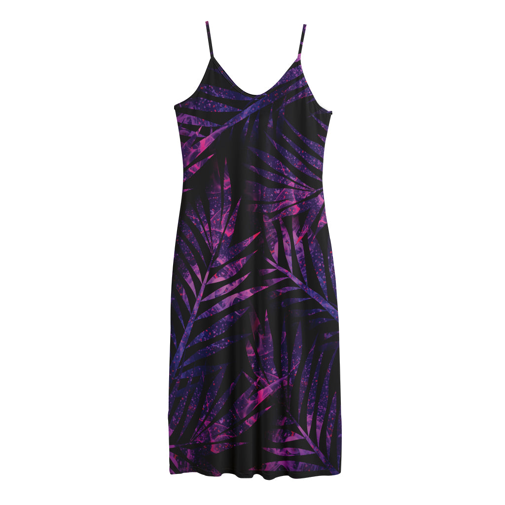 Purple Tropical Leaves Print Jersey Midi Cami Dress