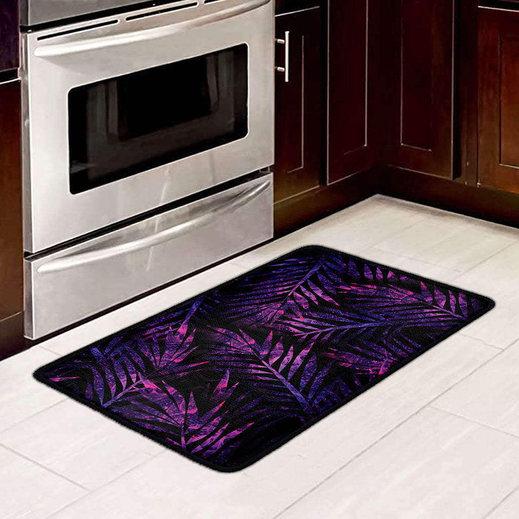 Purple Tropical Leaves Print Kitchen Mat