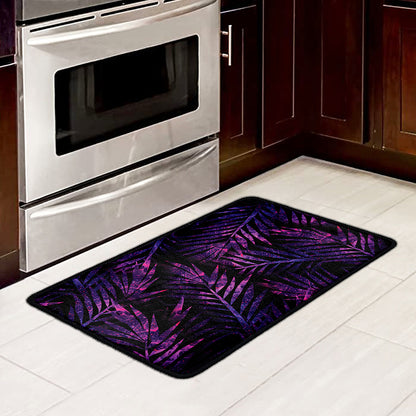 Purple Tropical Leaves Print Kitchen Mat