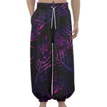 Purple Tropical Leaves Print Lantern Pants