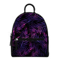 Purple Tropical Leaves Print Leather Backpack