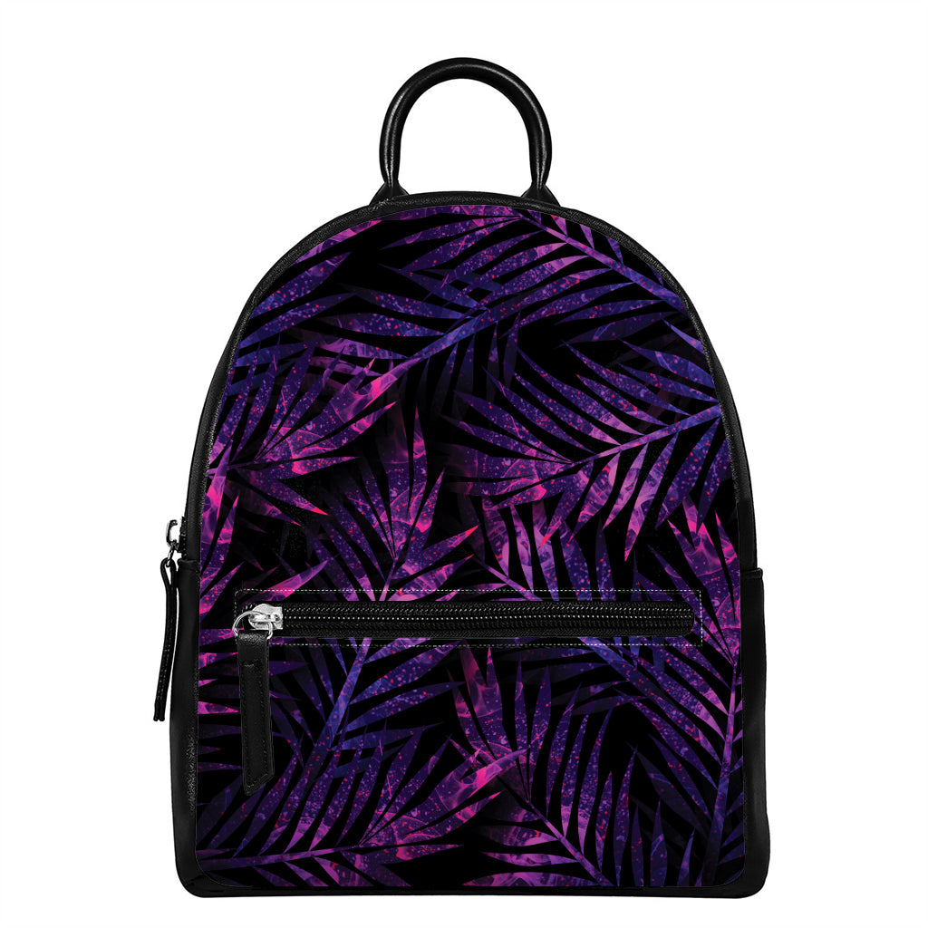 Purple Tropical Leaves Print Leather Backpack