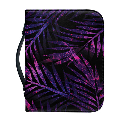 Purple Tropical Leaves Print Leather Bible Cover