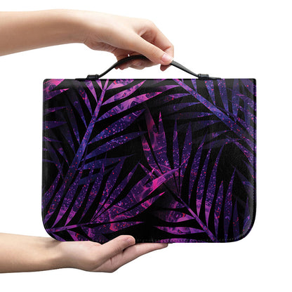 Purple Tropical Leaves Print Leather Bible Cover