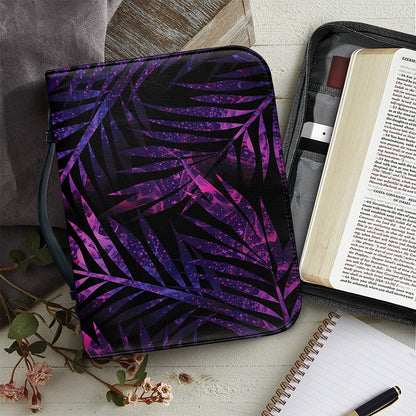 Purple Tropical Leaves Print Leather Bible Cover
