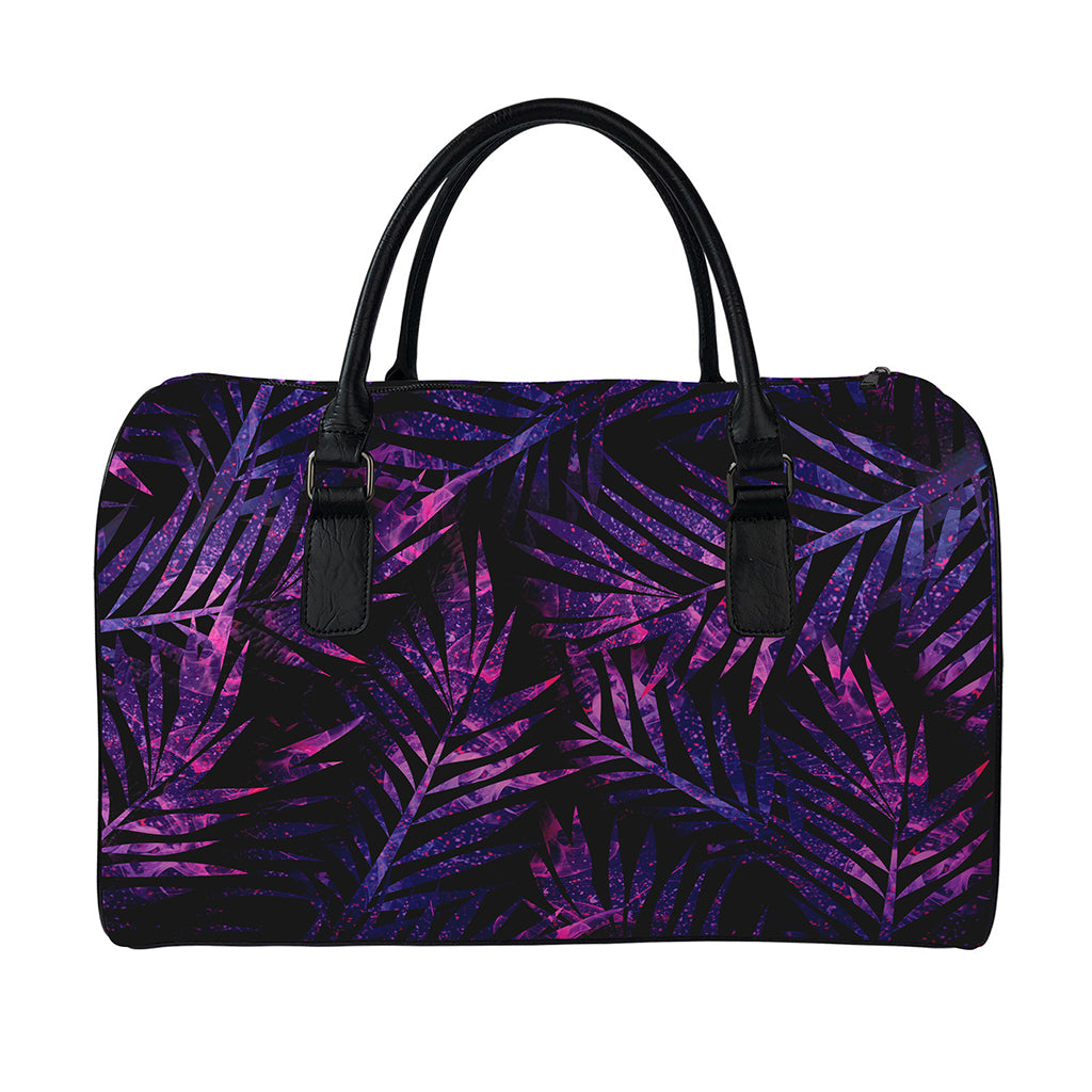 Purple Tropical Leaves Print Leather Duffle Bag